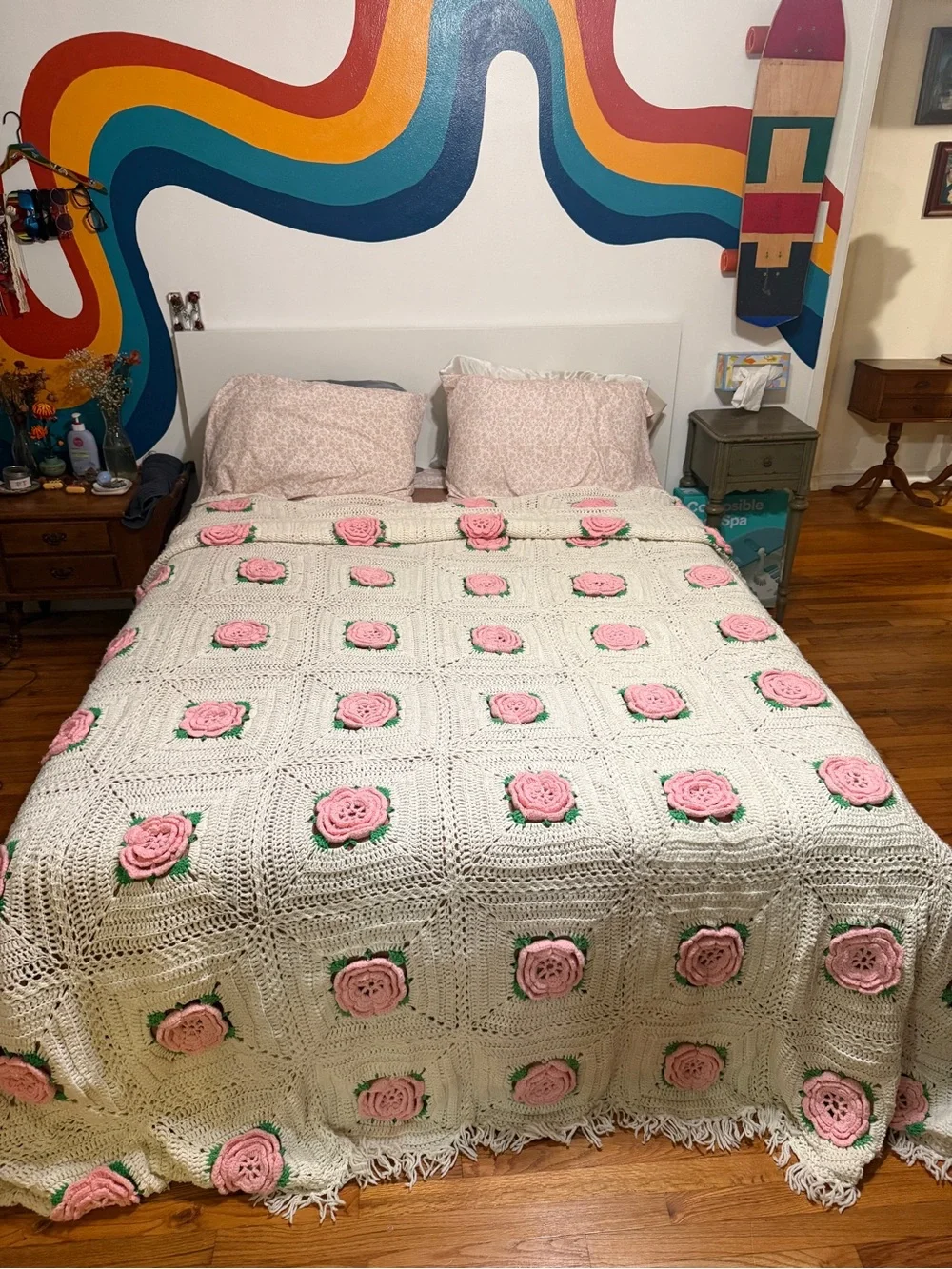 Handmade Cream Crochet Throw Blanket Pink Rose Appliqués King about 117x110”